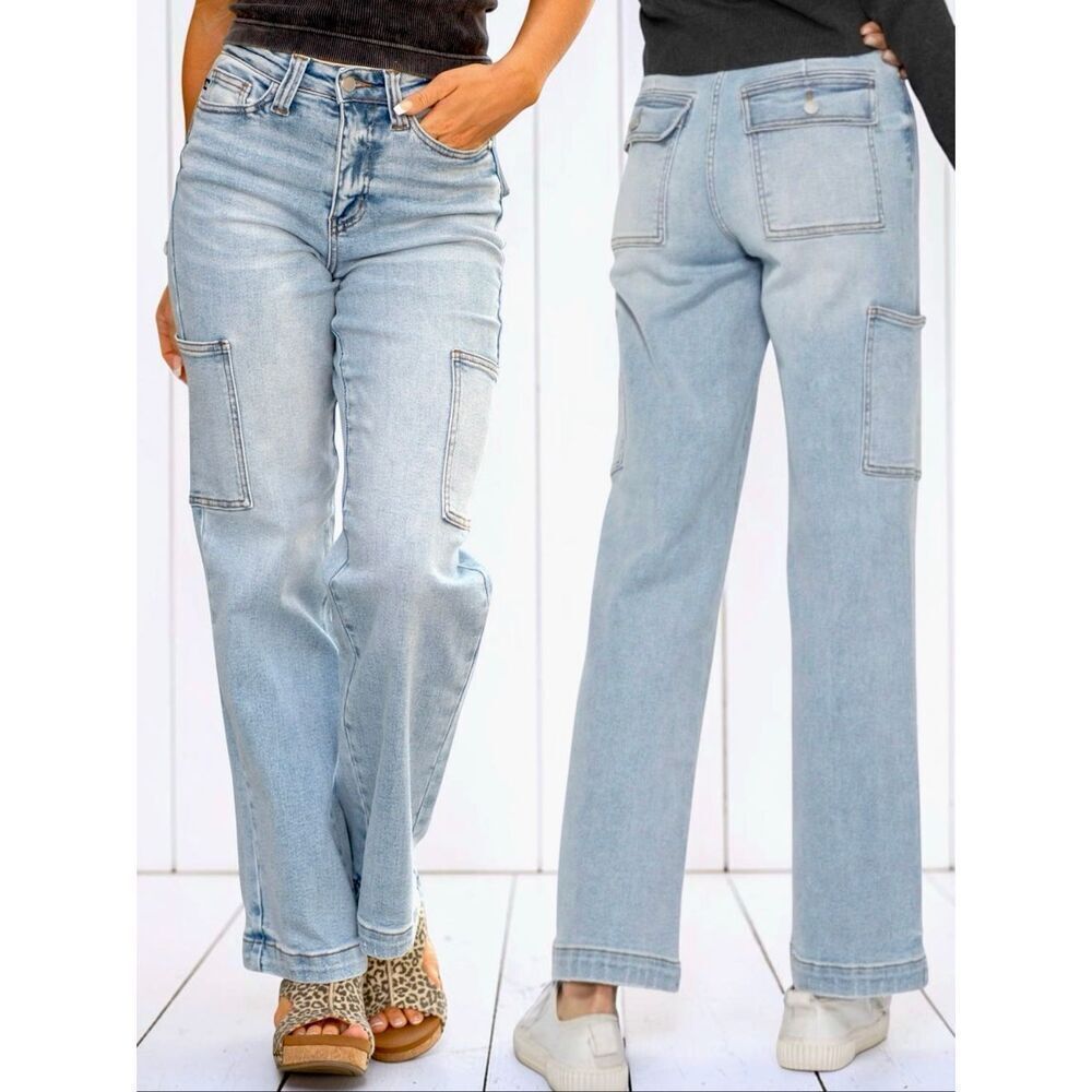 Judy Blue Plus High Rise Utility Cargo Wide Leg Jeans Light Wash Stretch Denim